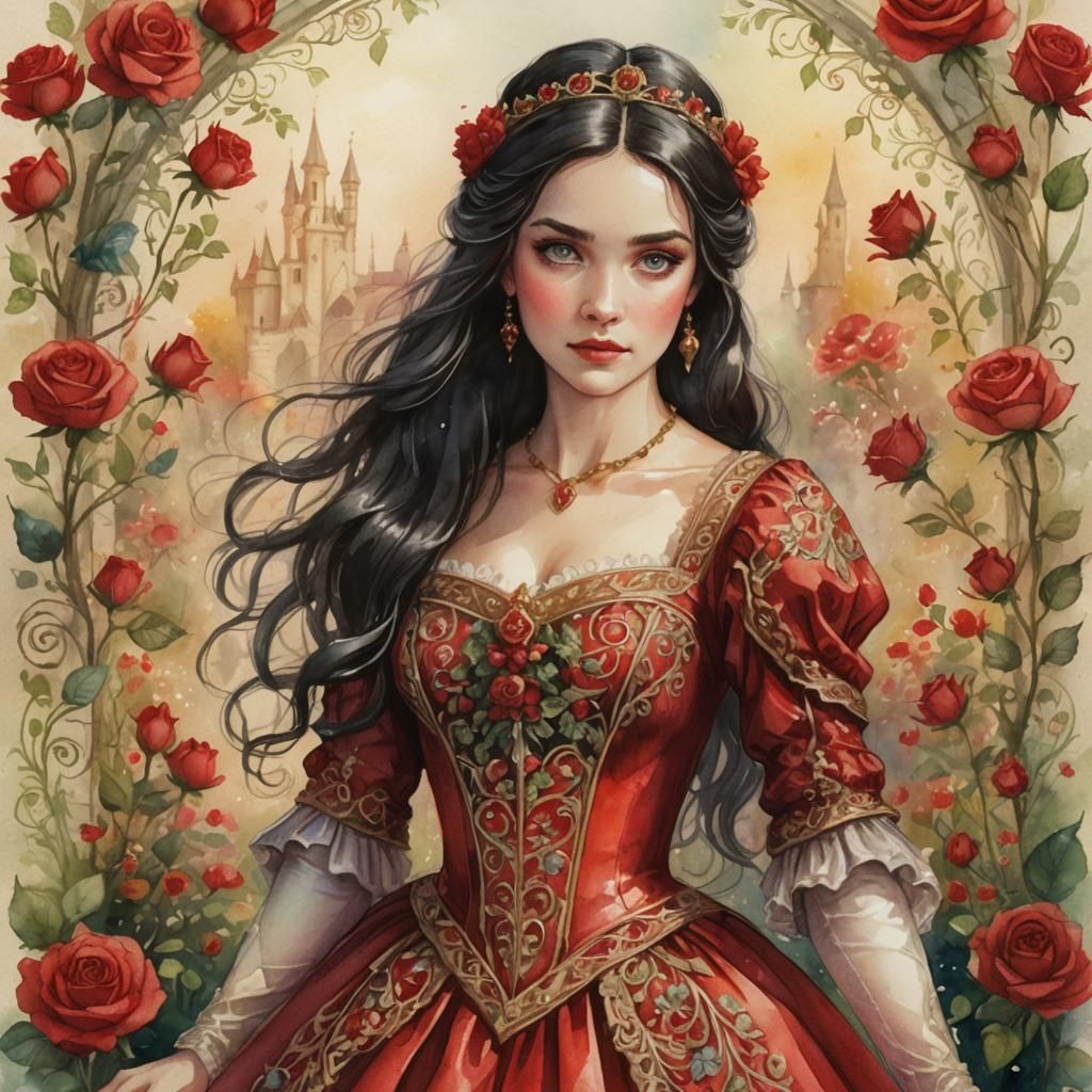 Medieval Princess in Rose Garden: Watercolor Fantasy Art