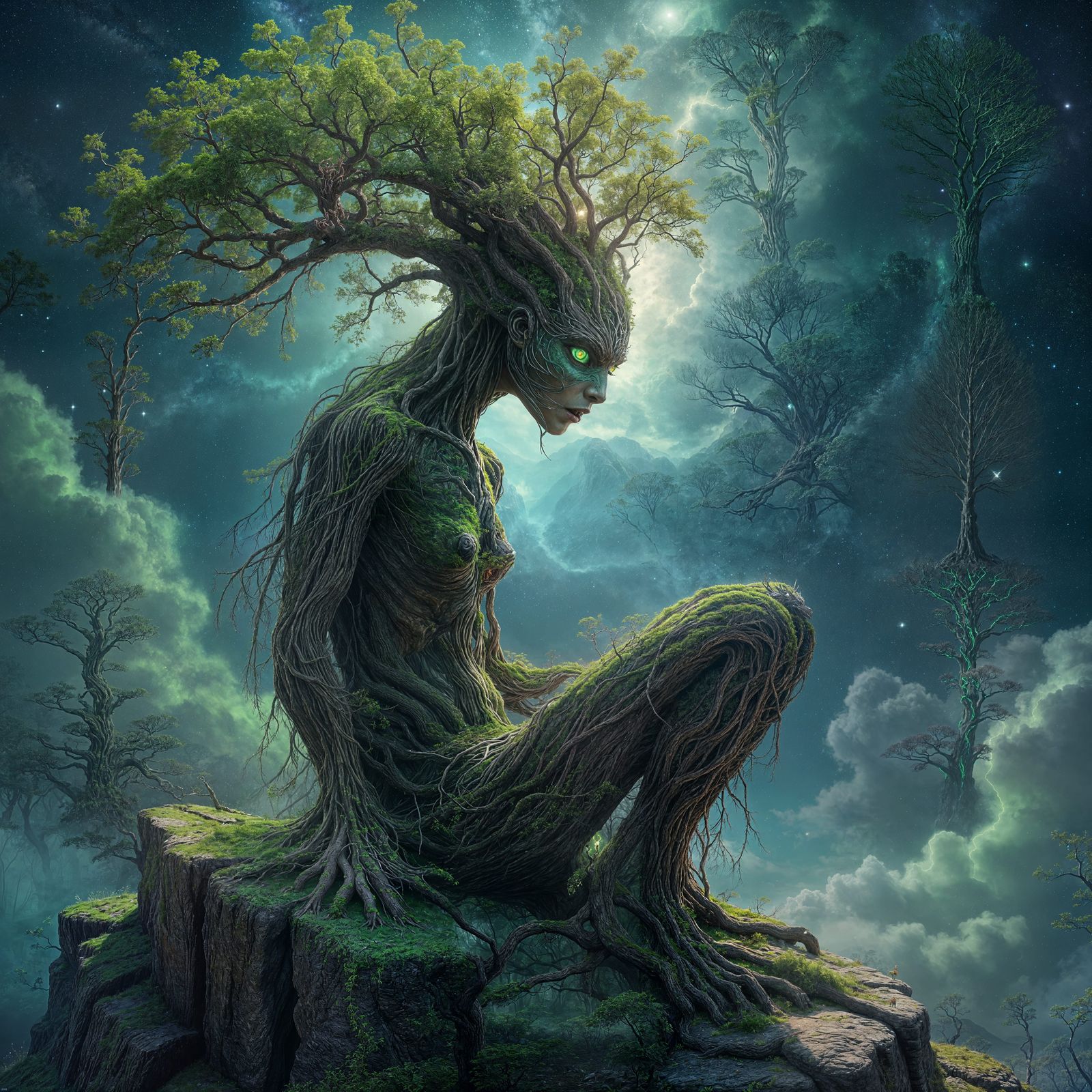 Humanoid Tree Creature in Cosmic Landscape