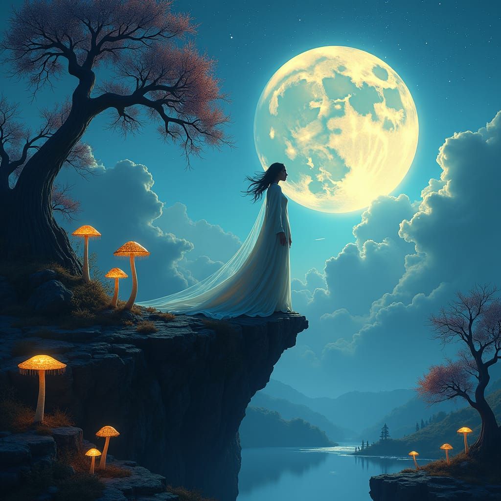 Moonlit Woman on Cliff in Matte Painting Style