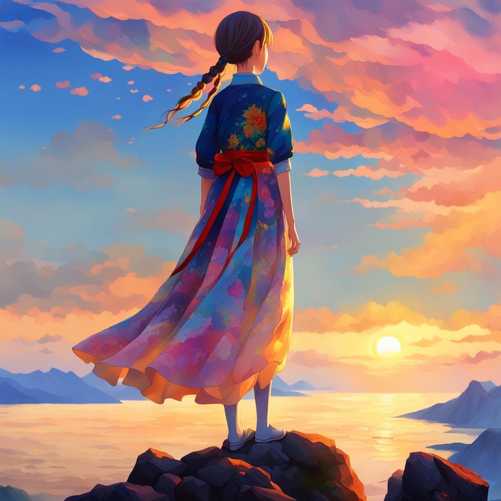 Anime Girl Gazing at Sunset in Oil Painting Style