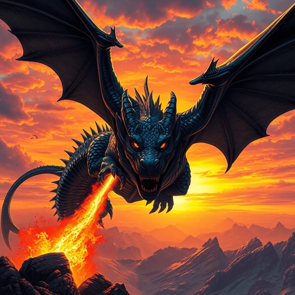 Majestic Black Dragon Unleashes Fiery Fury Amidst Vibrant Su...