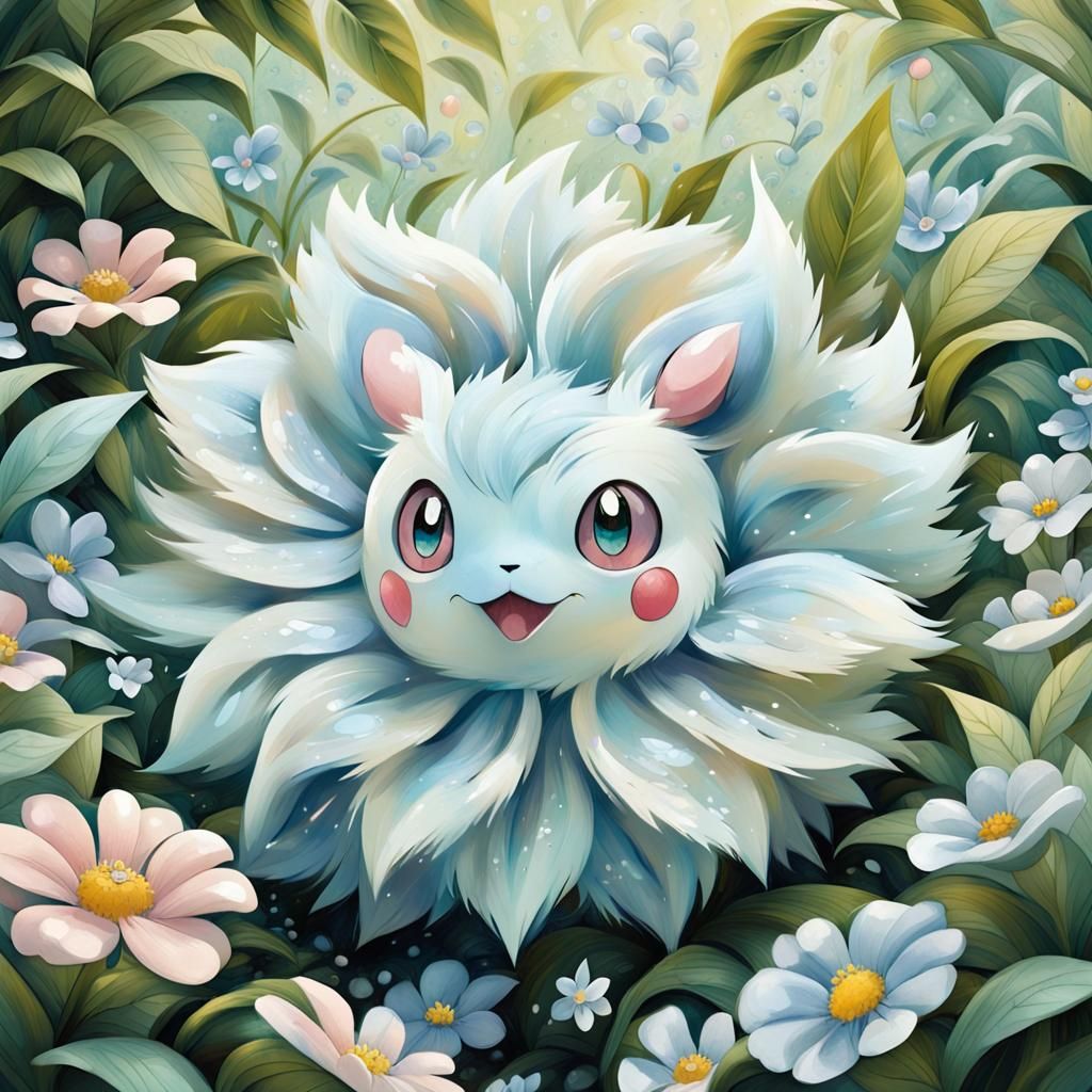 Pastel Pokémon in Lush Floral Environment