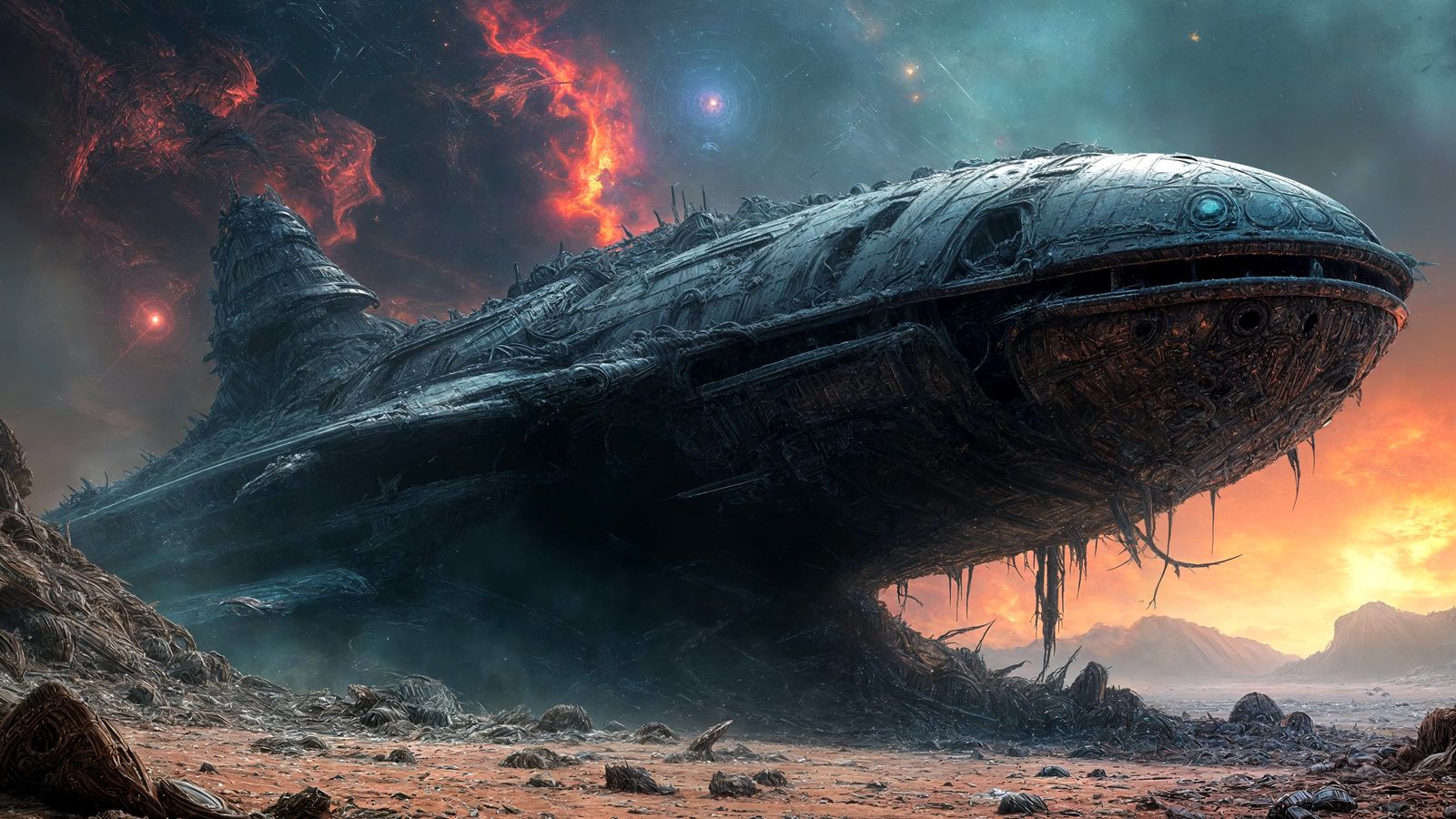 Gothic Noctilucent Bio-Mechanical Spaceship Crash on a Desol...