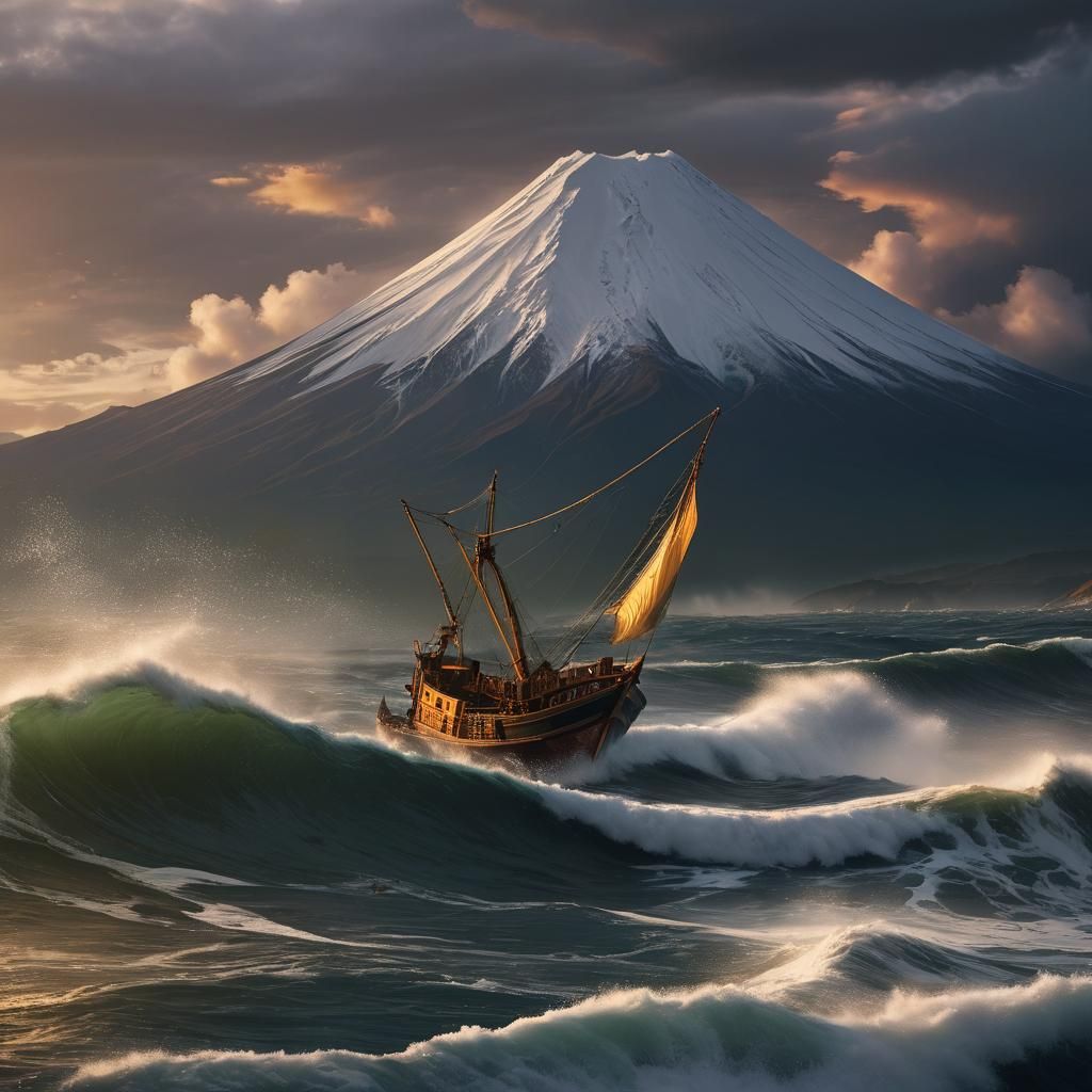 Epic Japanese Sunset Amidst Turbulent Seas with Majestic Mt....