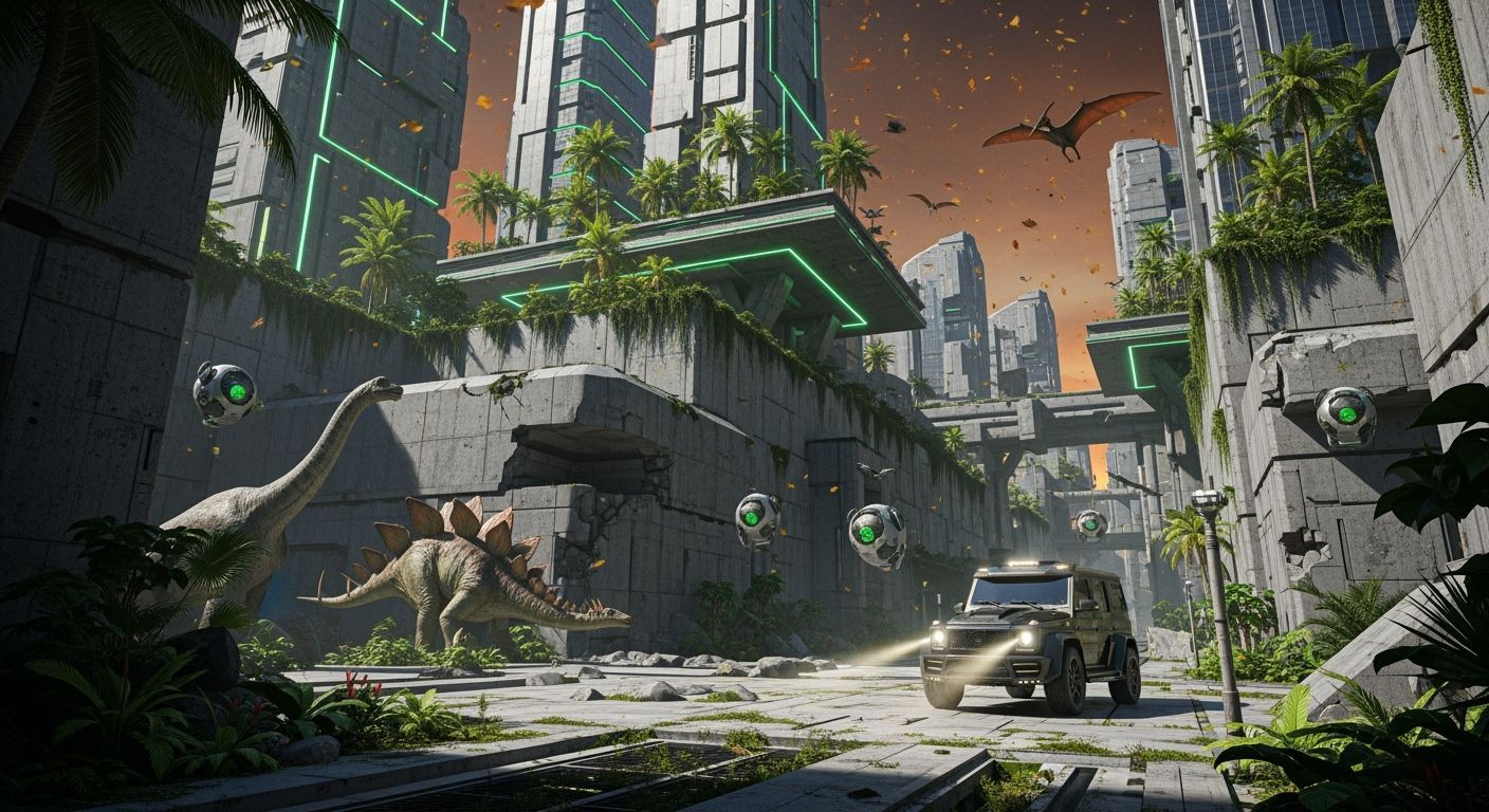 Futuristic Brutalist Bunker City with Dinosaurs and Neon Lig...