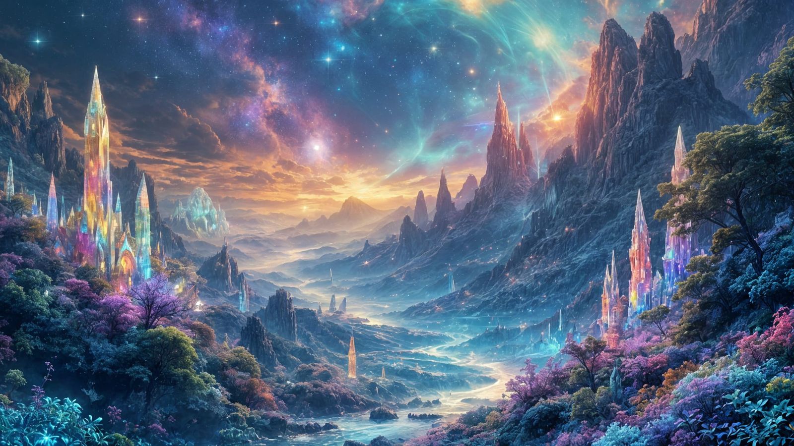 Surreal Cosmic World with Sparkling Crystals and Celestial W...