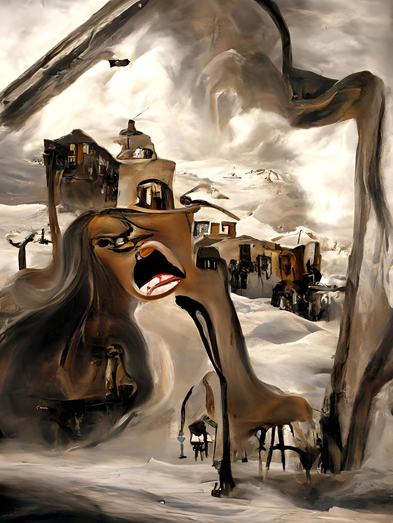 Town Turns to Snow: A Surrealist Oil Painting