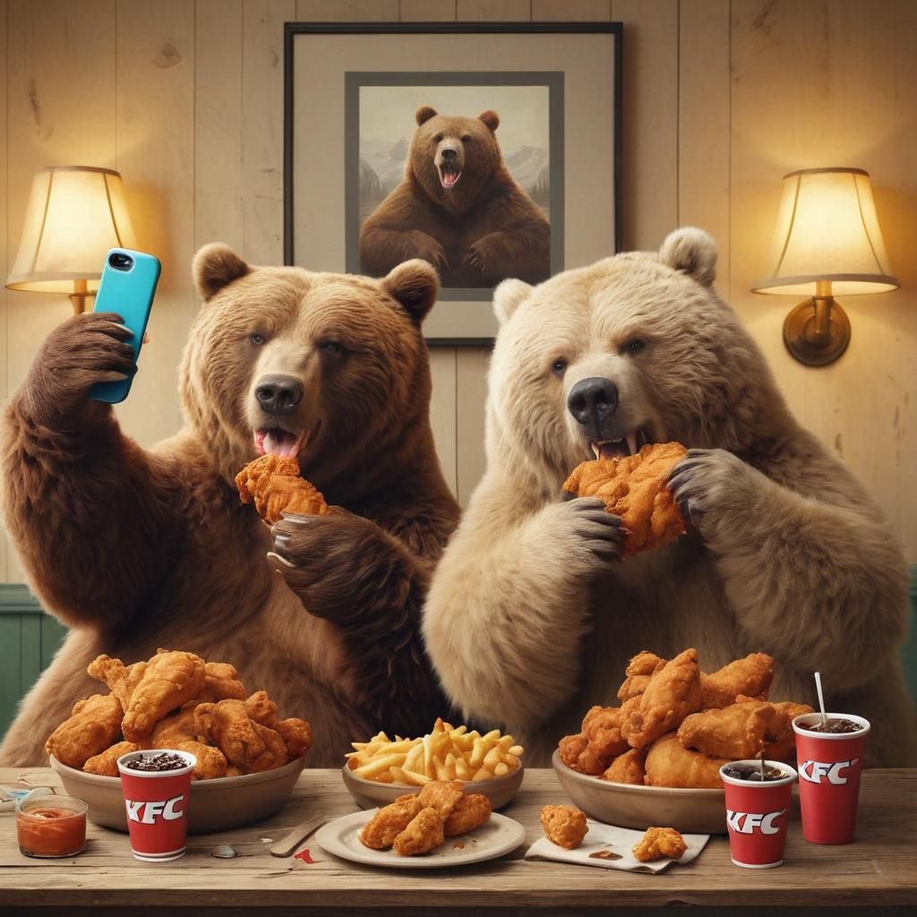 Two Hungry Bears Enjoying a Finger-Lickin' Fried Chicken Fea...
