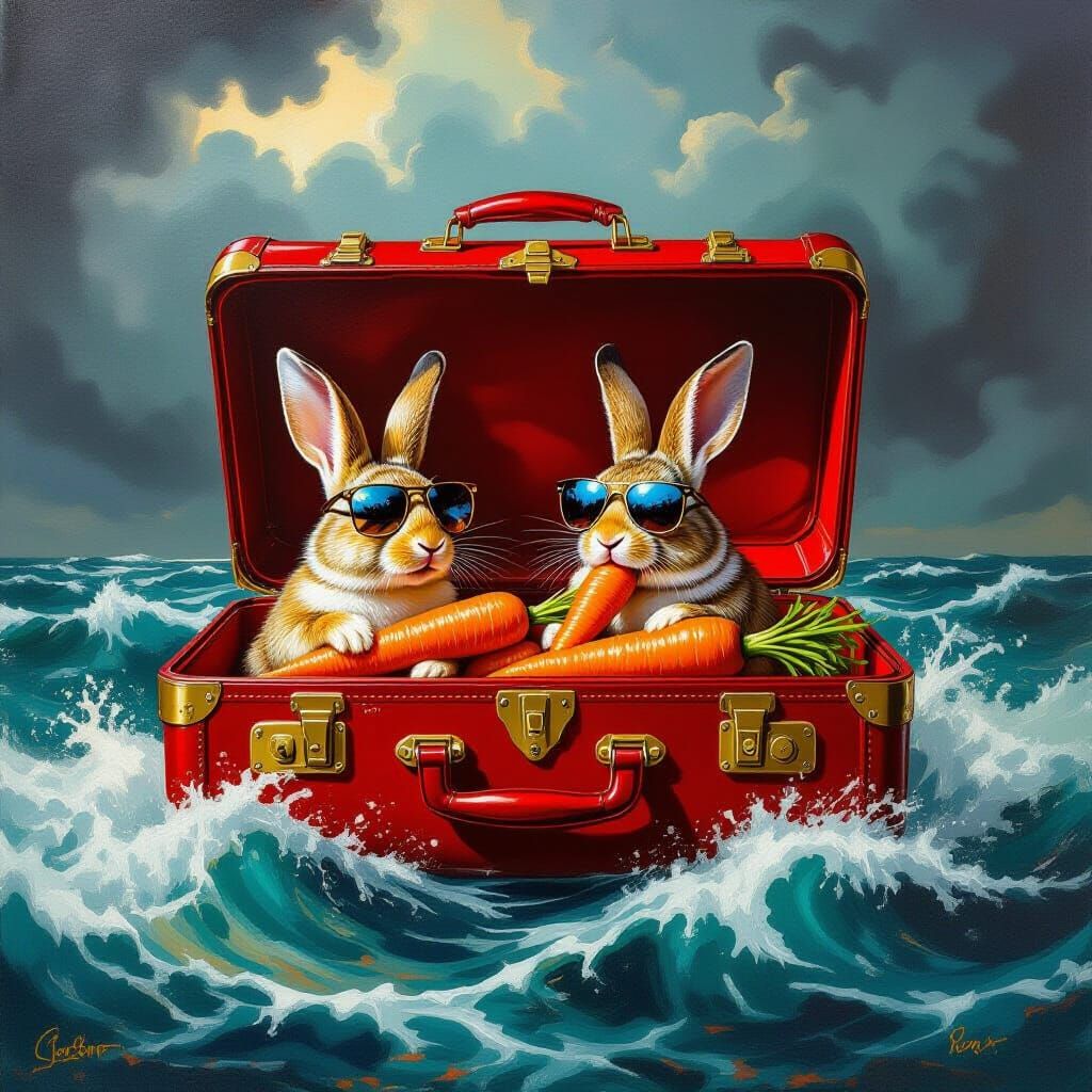 Baroque Rabbits in Suitcase on Stormy Sea