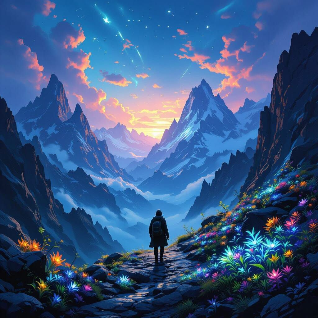 Explorer Navigates Alien Peaks by Bioluminescent Light