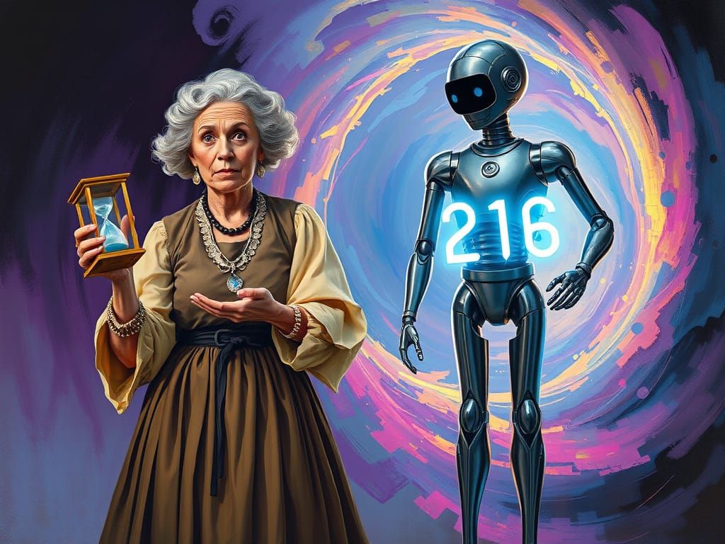 Bewildered Woman and Cyborg at Time Portal