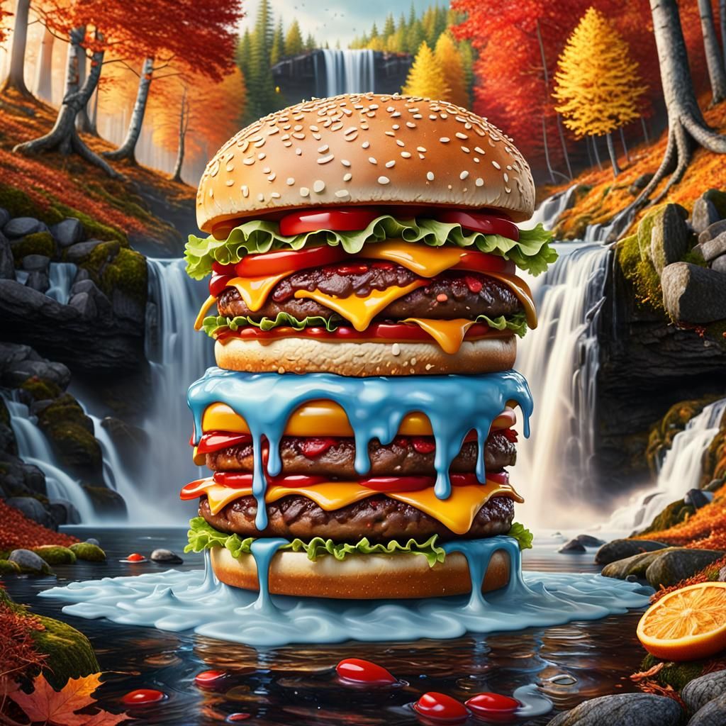 Hyperrealistic Burger Waterfall in Autumn Forest