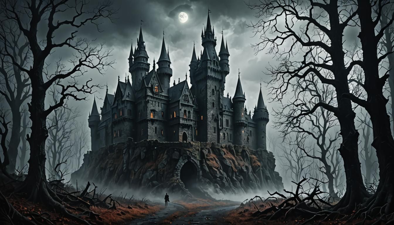 Ominous Haunted Castle in Dark Fantasy Landscape