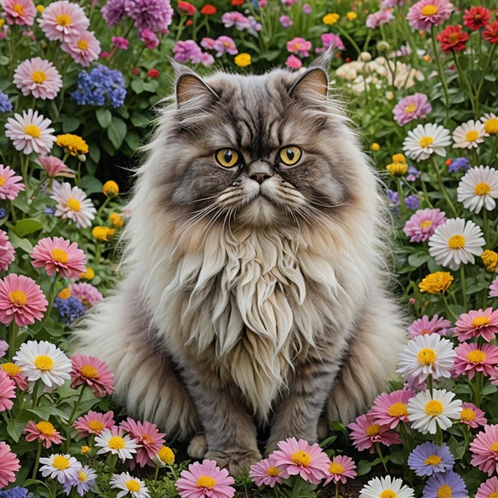 Fluffy Persian Cat in Flower Garden
