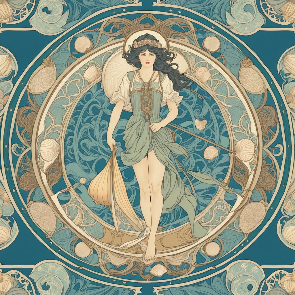 Nautical Art Nouveau Schooner Fabric Pattern