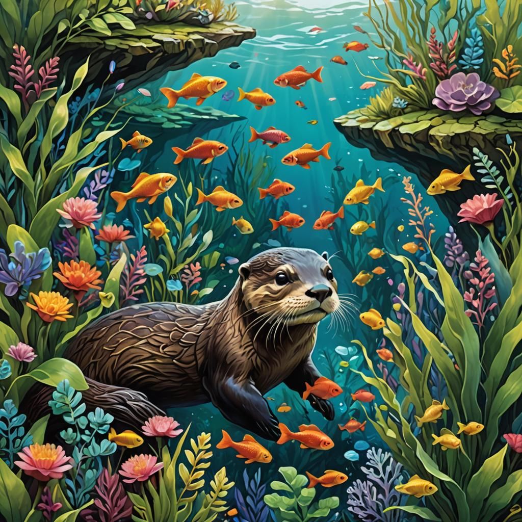 Otters Swim in a Vibrant Underwater Garden