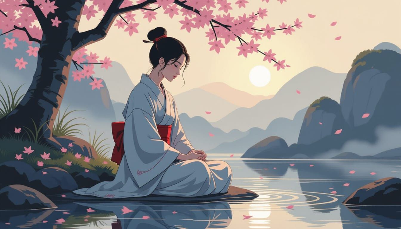 Contemplative Figure in Tranquil Nature, Zen Art
