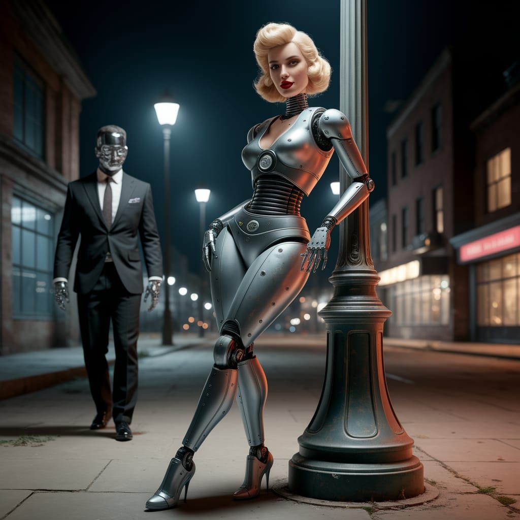 Retro-Futuristic Robot in Dieselpunk Urban Scene