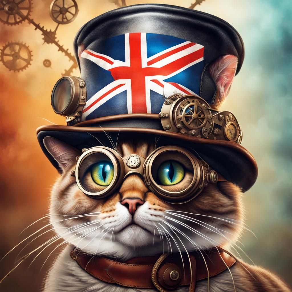 Steampunk Cat with Union Jack Flag: Hyperrealistic Art