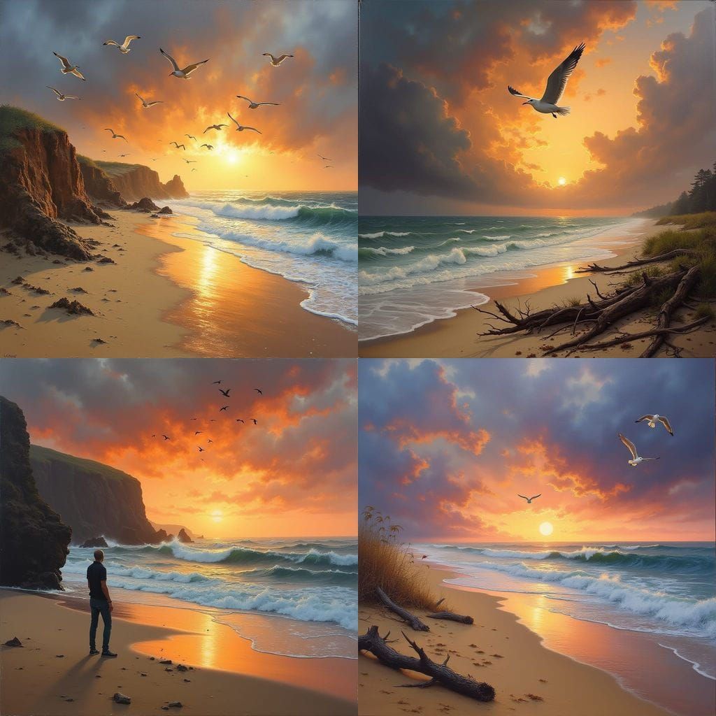 Ethereal Sunset on Deserted Ocean Beach with Birds in Flight