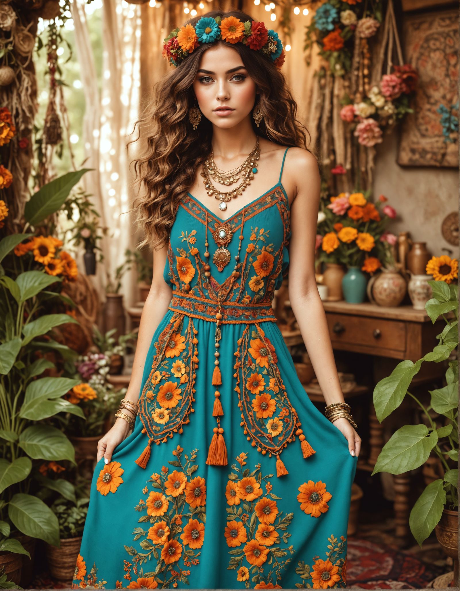 Free-Spirited Bohemian Woman in Whimsical Earthy Setting