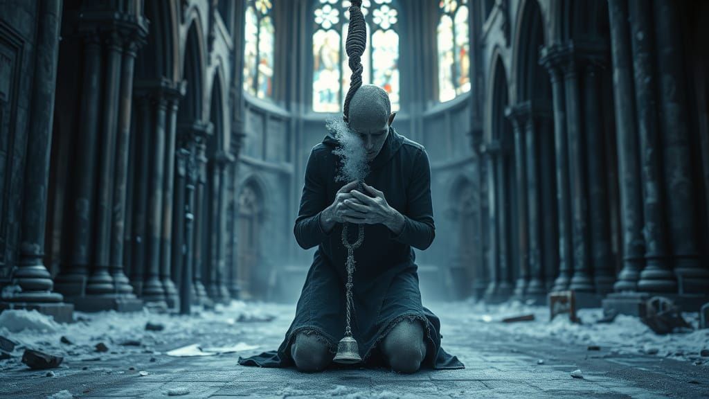 Macabre Devotion in Ruined Cathedral: Cinematic Still
