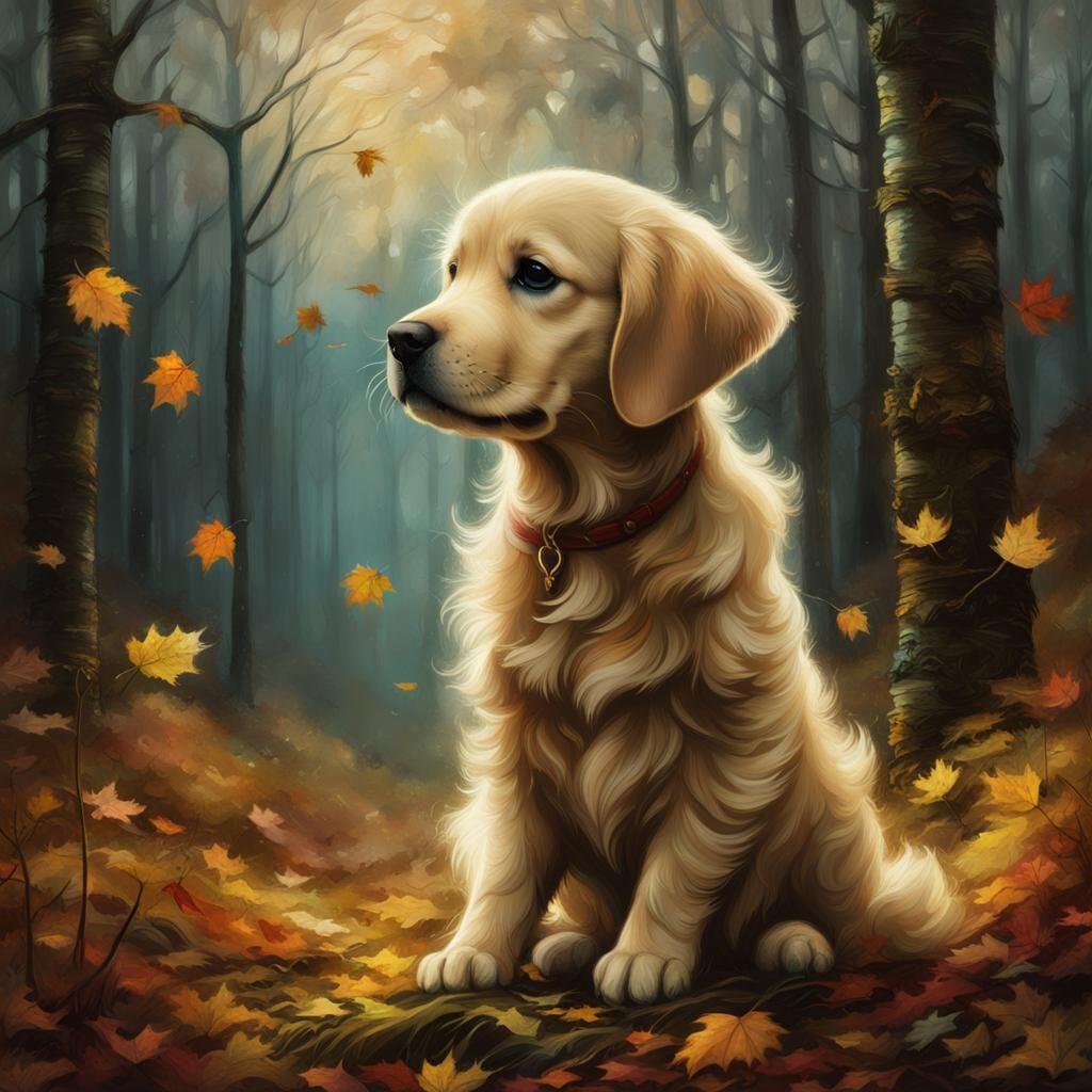 Golden Retriever Puppy in Autumn Forest, Illustrative Style