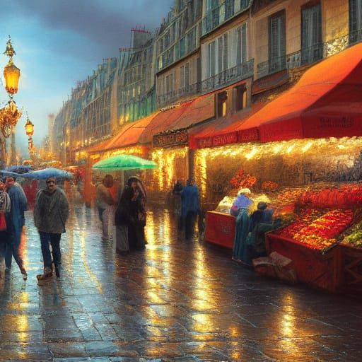 Paris Autumn Market Rain in Thomas Kinkade Style