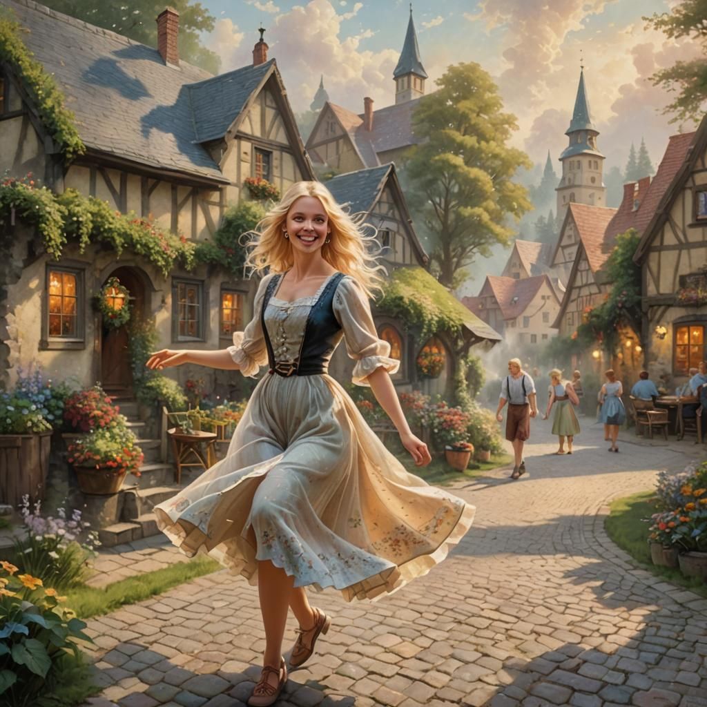 Blonde Girl Dancing in German Village, Ethereal Style