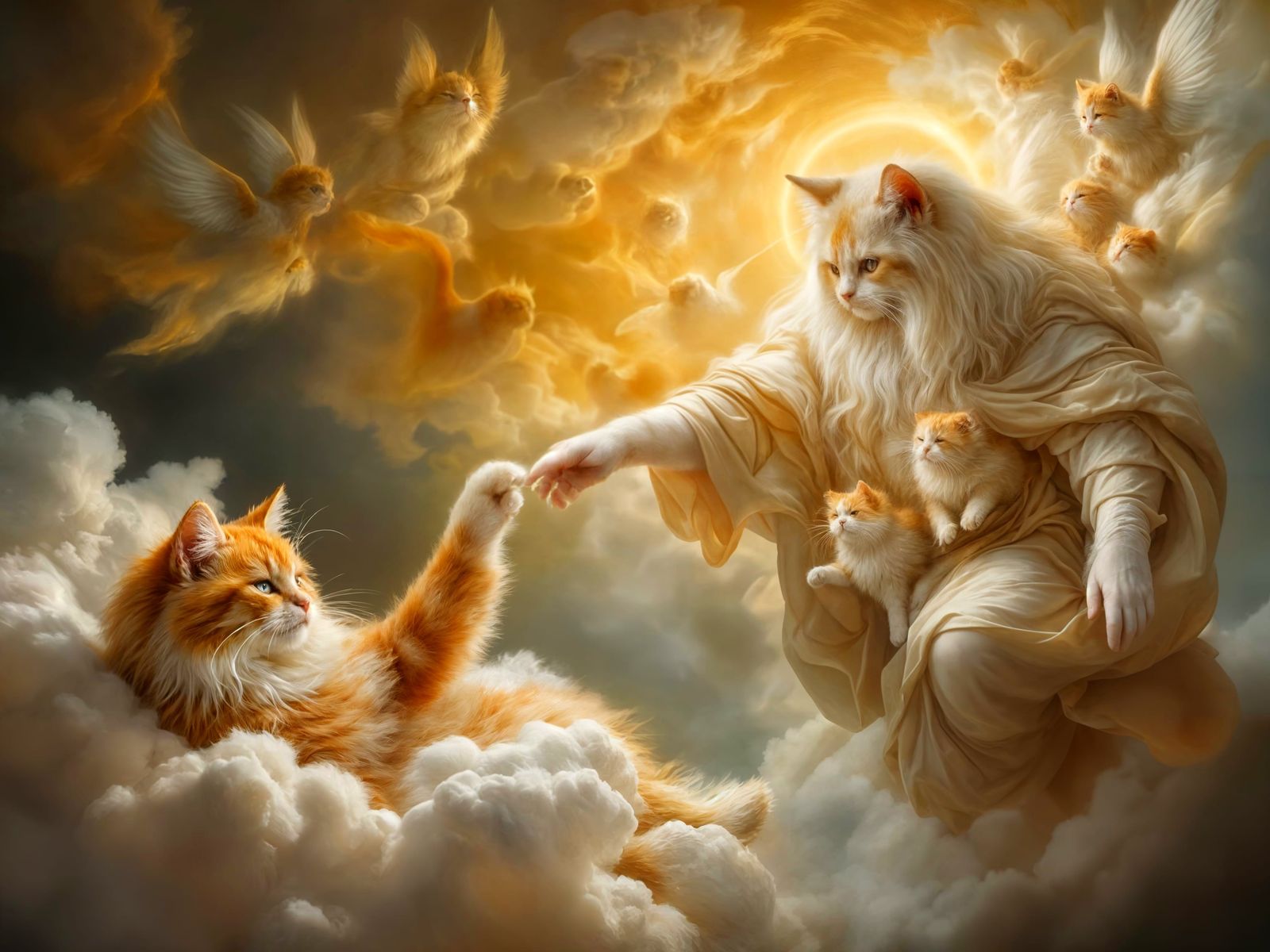 Feline Parody of Creation of Adam in Baroque Style