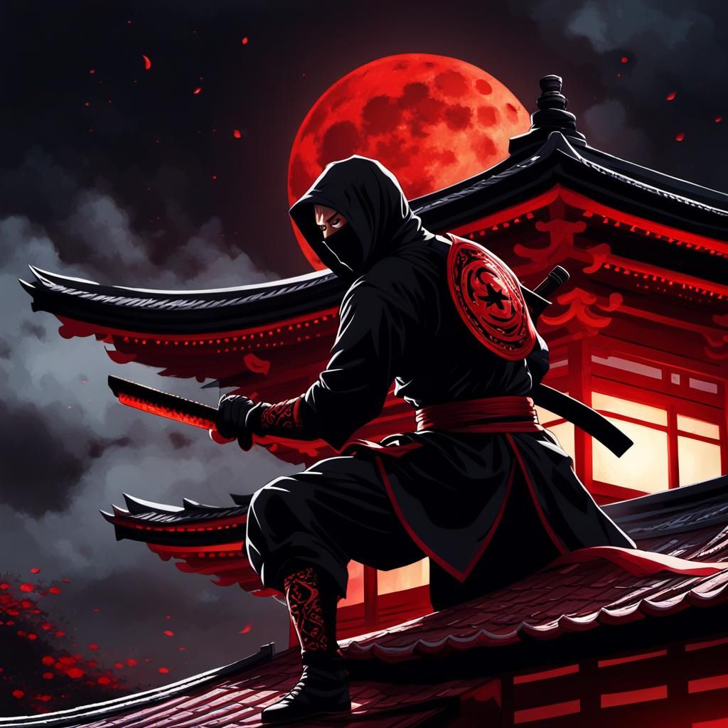 Shadow Ninja with Blood Flames Blade, Dark Fantasy Art