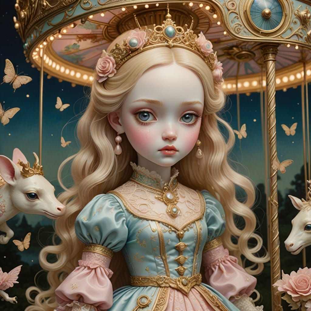 Dreamy Little Girl with Carousel and Music Box