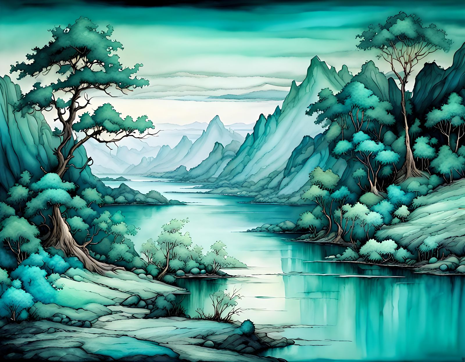 A beautiful landscape scene, palette turquoise, aquamarine, ...