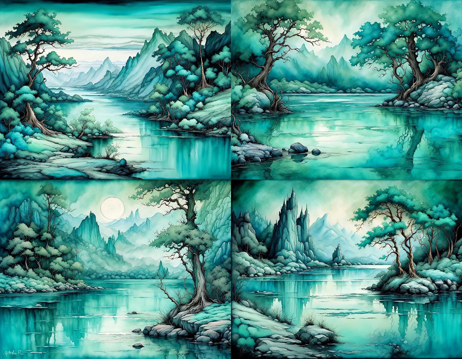 A beautiful landscape scene, palette turquoise, aquamarine, ...