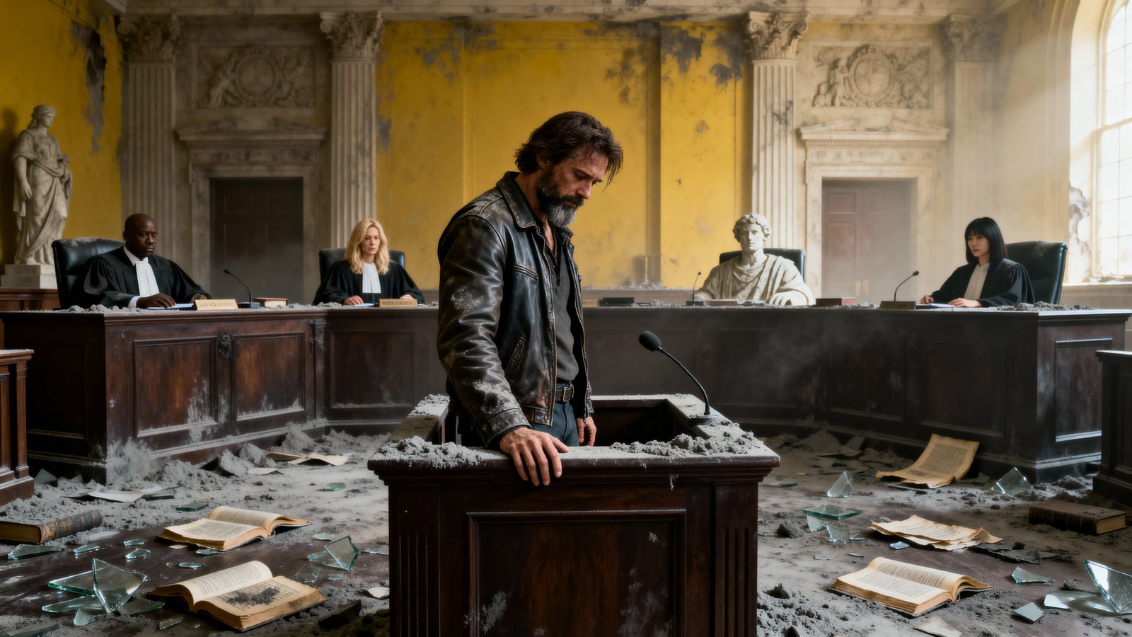Man in Ruined Courtroom