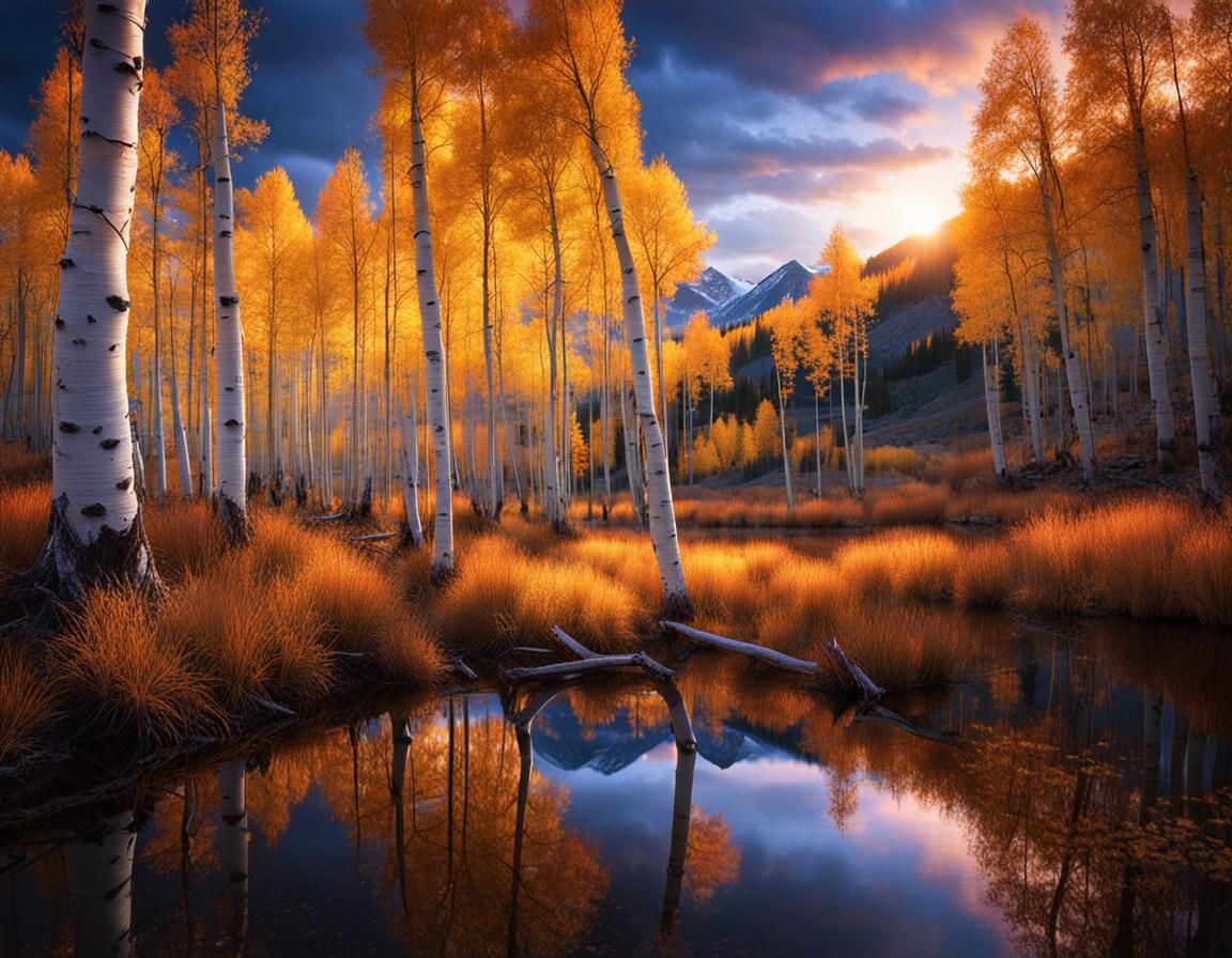 Magical Sunrise on Lake with Autumn Aspens