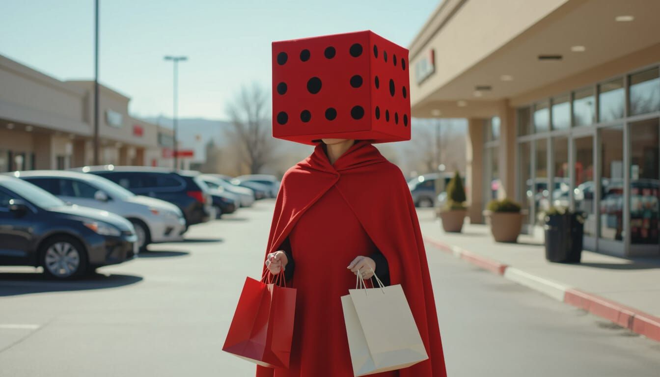 Person in Red Cloak with Cube Hat and Shopping Bags