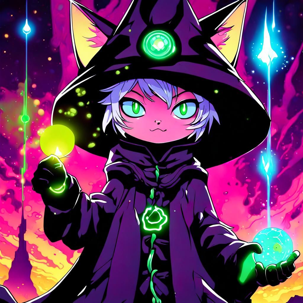 Radioactive Kitten Black Mage in Neon Anime Style