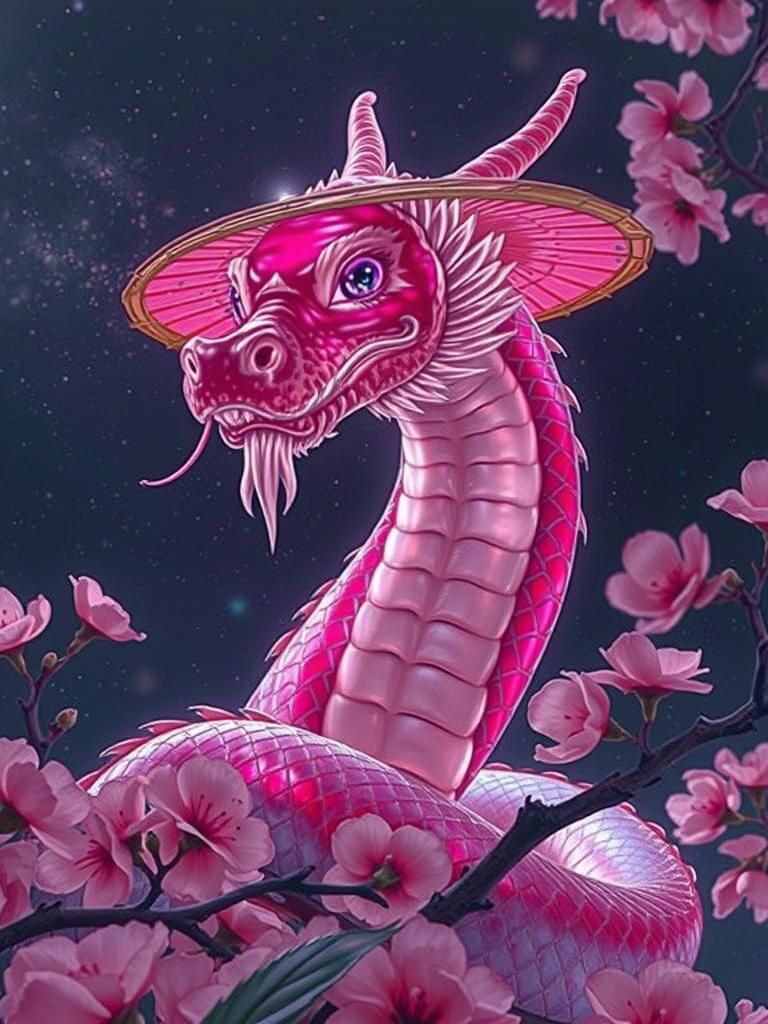 Bioluminescent Rainbow Dragon in Cherry Blossom Garden