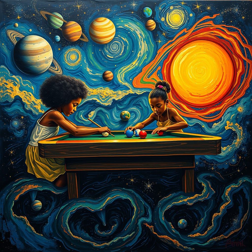 Cosmic Pool Party with Young Black Girls and Vibrant Planets
