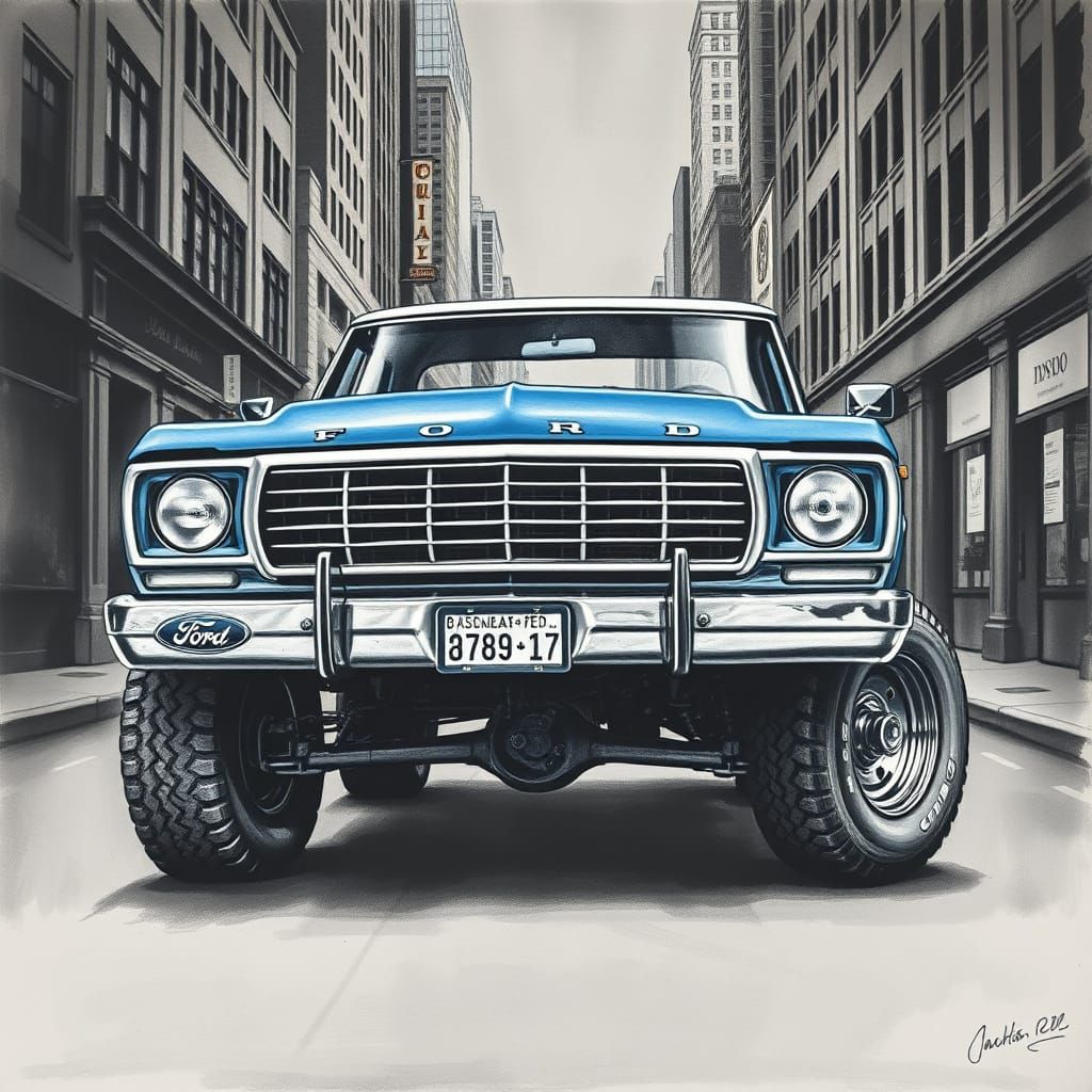Detailed Charcoal Drawing of a 1973 Ford V8