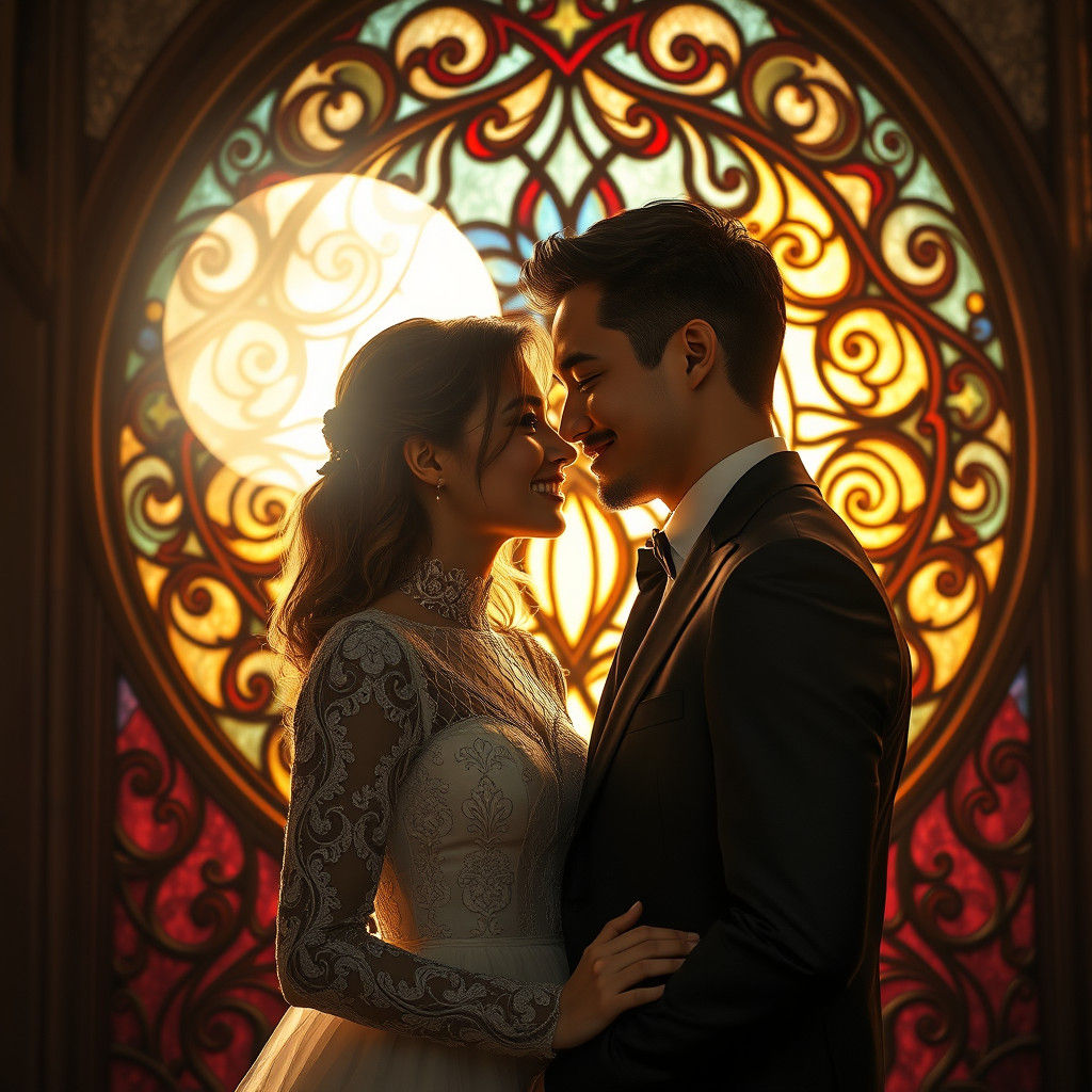 Romantic Couple in Stained Glass Light