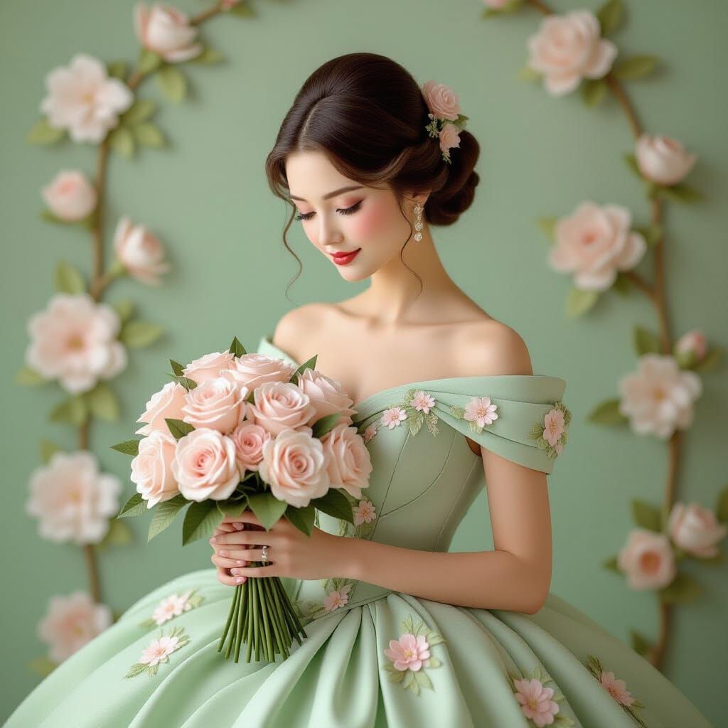 Woman in Floral Gown with Roses, Soft Landscape Style