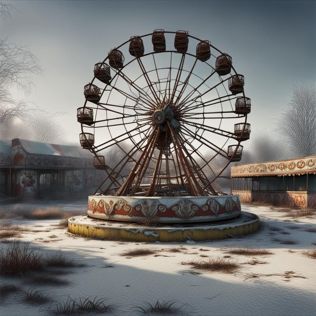 Abandoned Fairground in Snow: Photorealistic 32k Image