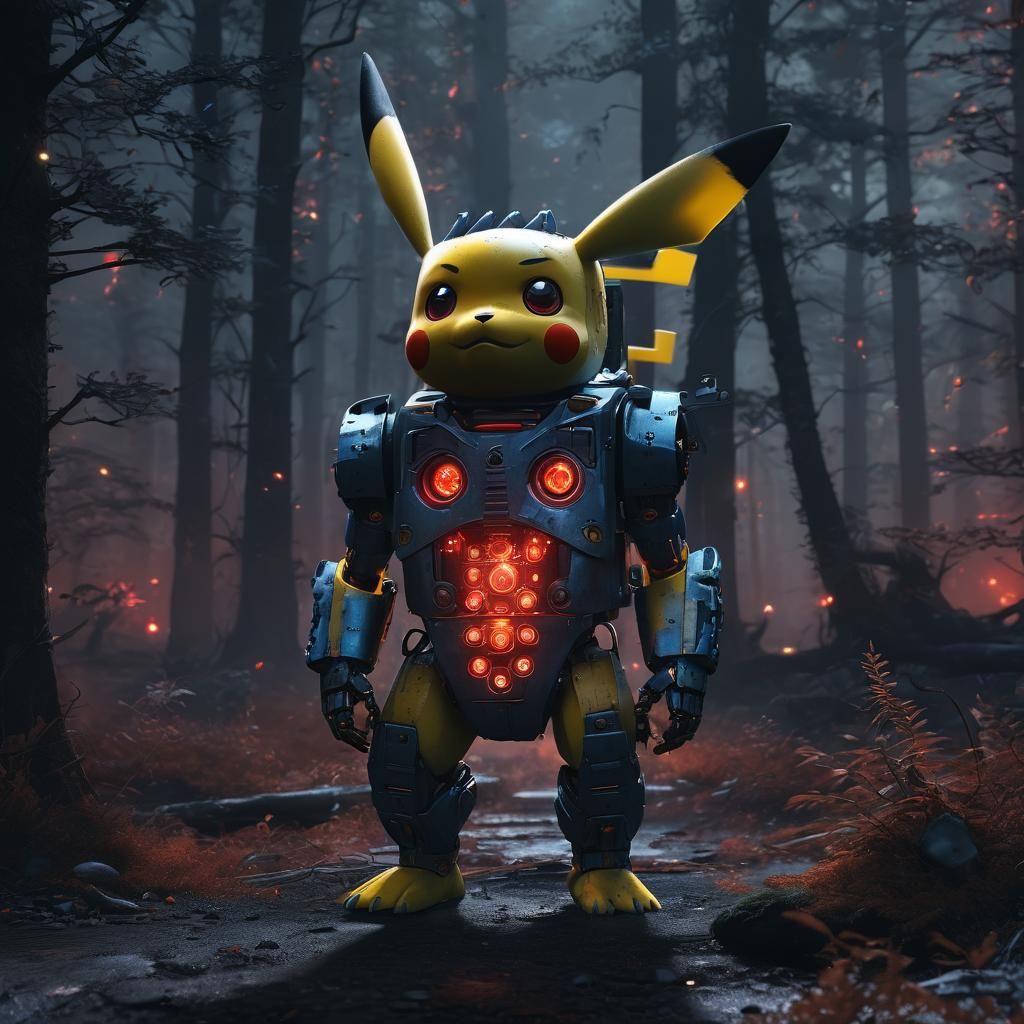Futuristic Robot Pikachu in Misty Forest: Sci-Fi Illustratio...