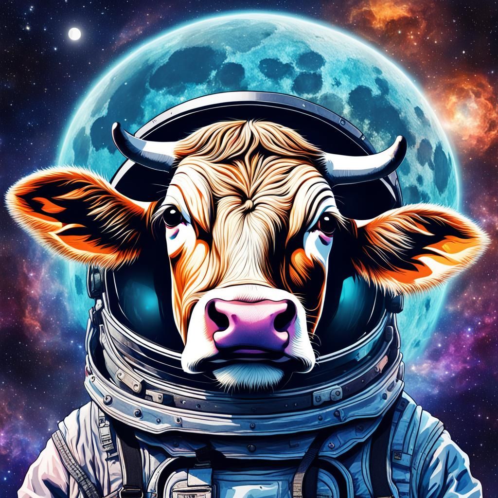 Cosmic Cow in Helmet Floating Past the Moon