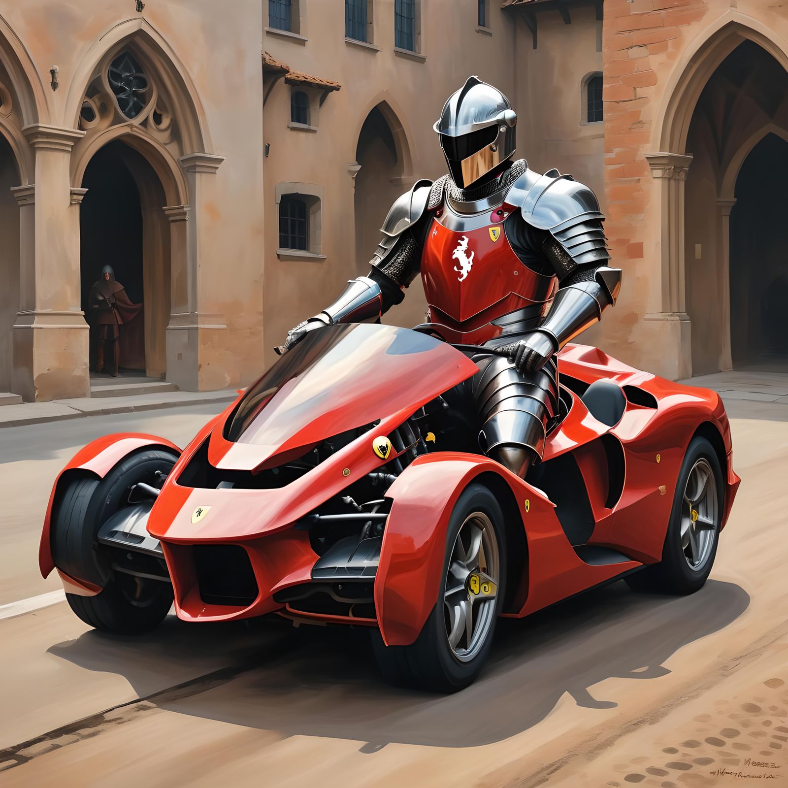 Knight Drives Ferrari: An Oil Painting