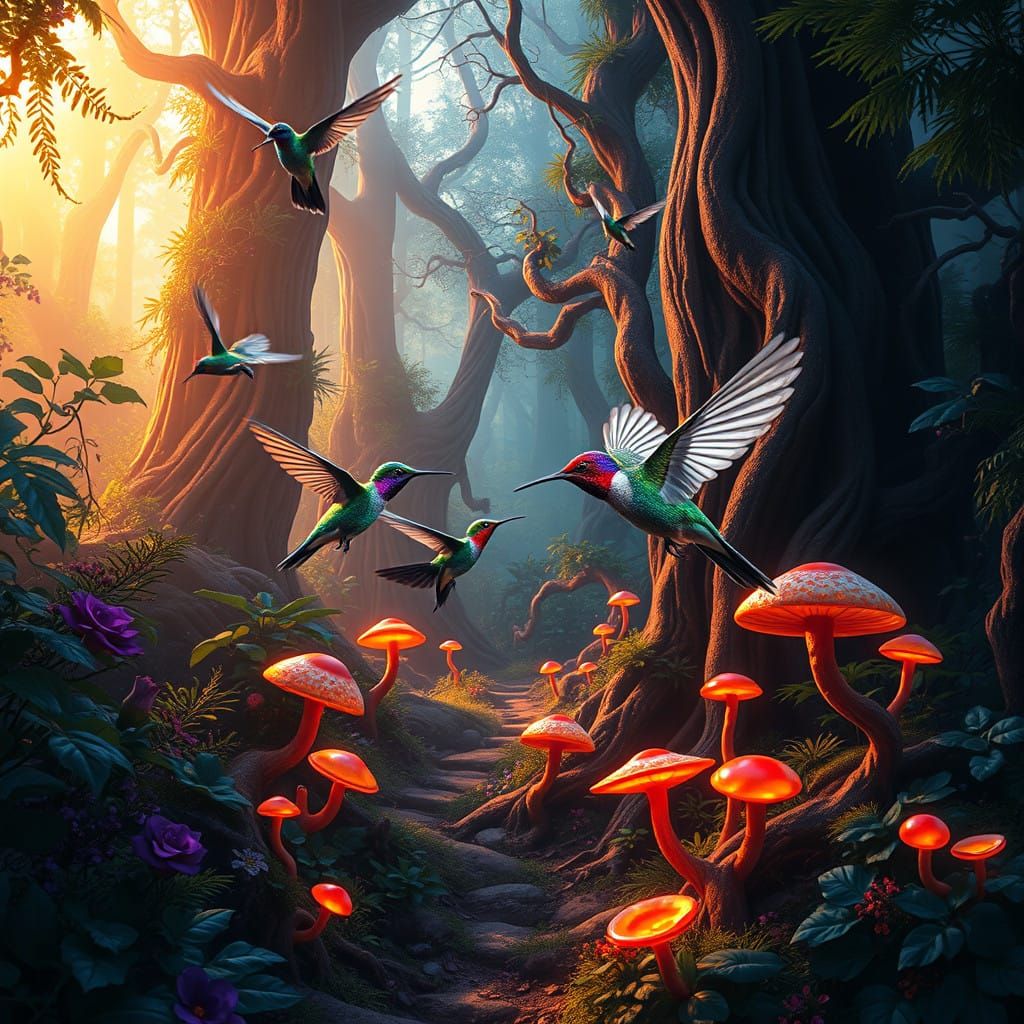 Whimsical Hummingbirds Dance in Enchanted Forest
