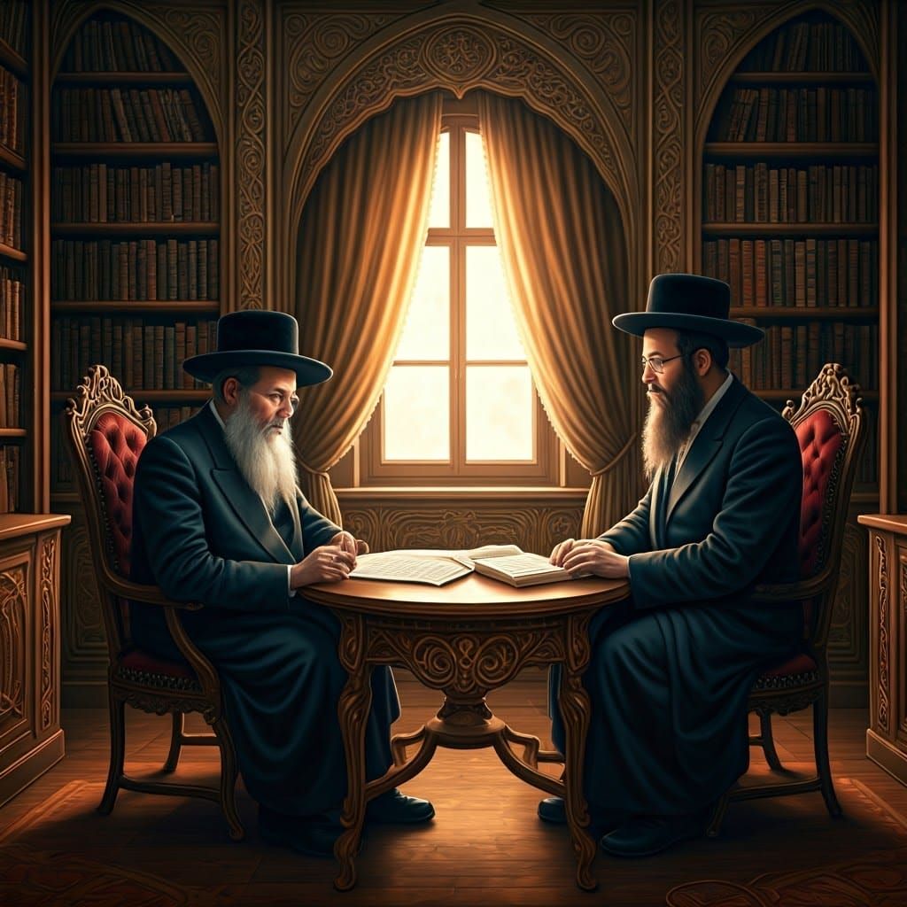 Rebbe Contemplation in Ornate Book-lined Study