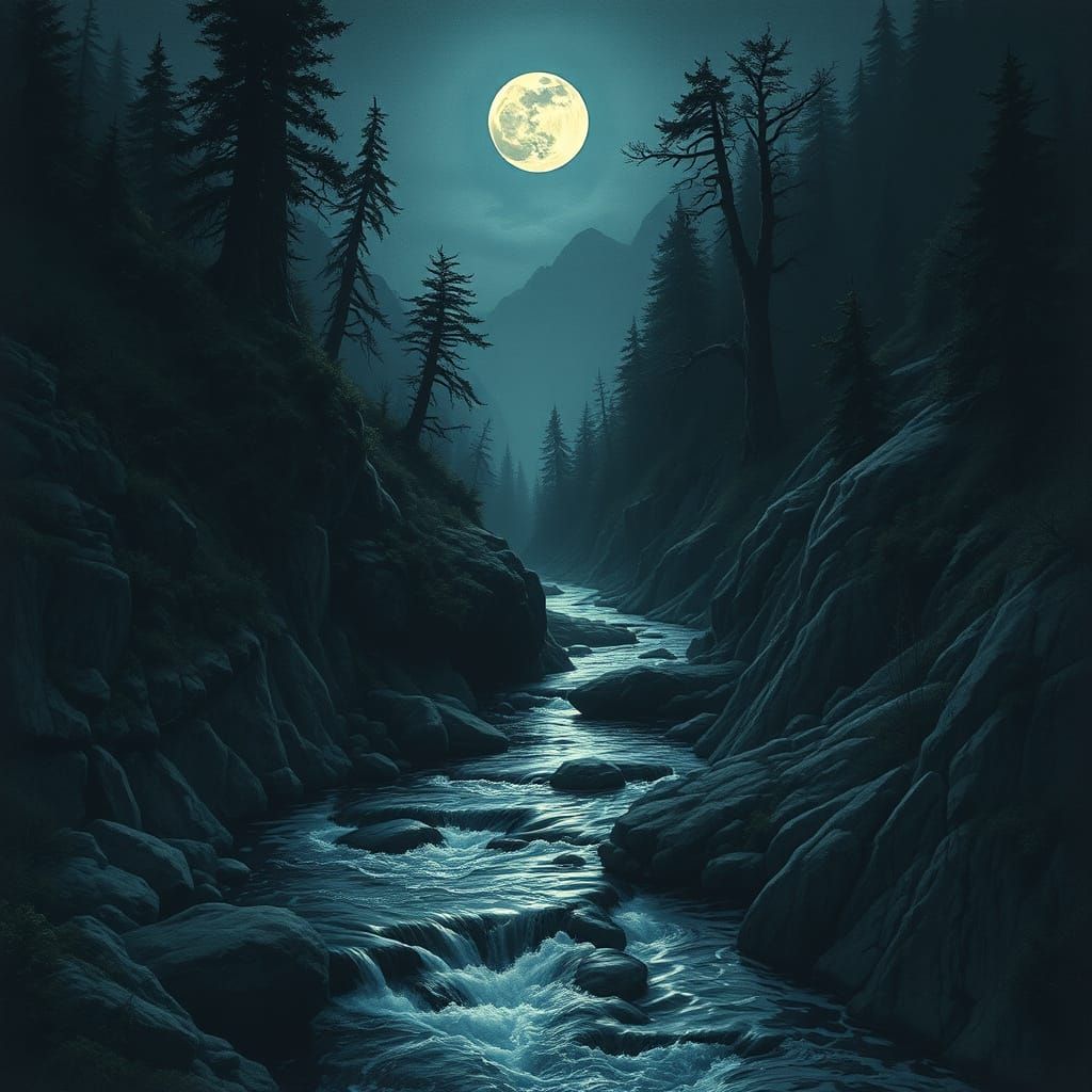 Moonlit River Through Forest: Sumi-e Dreamscape